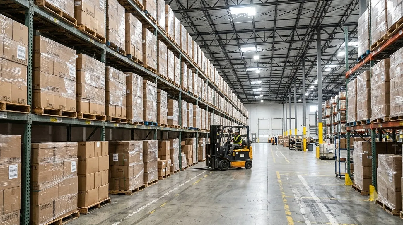 Forklift in a logistics warehouse