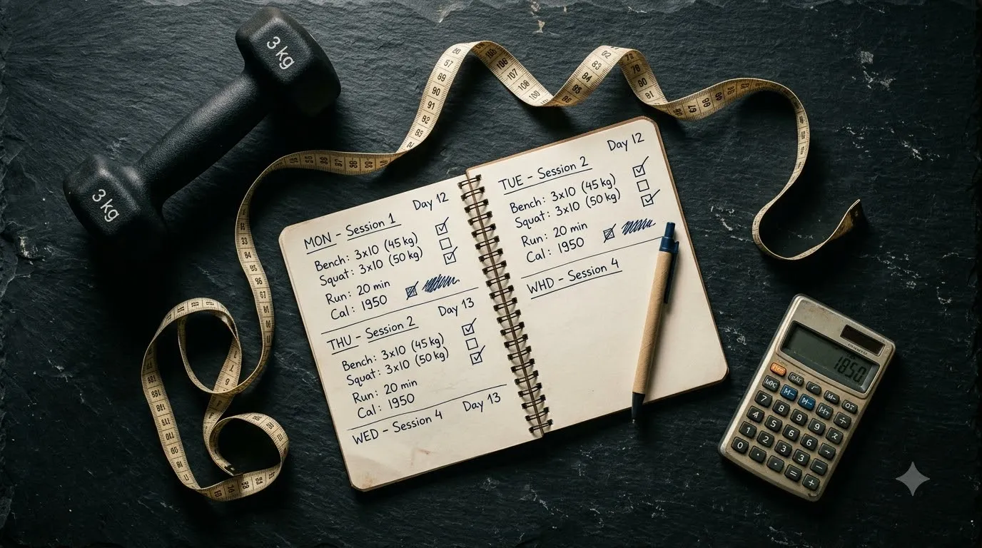 Fitness notebook, measuring tape and calculator
