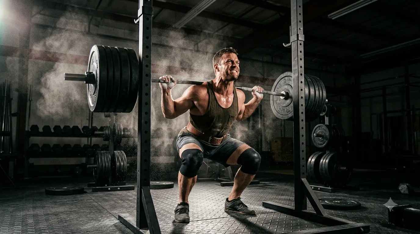 Athlete performing a heavy barbell squat