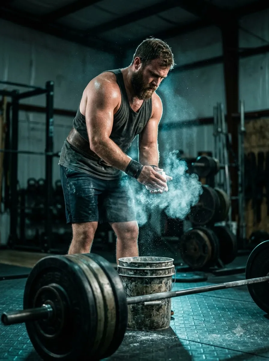 Powerlifter chalking hands before a deadlift