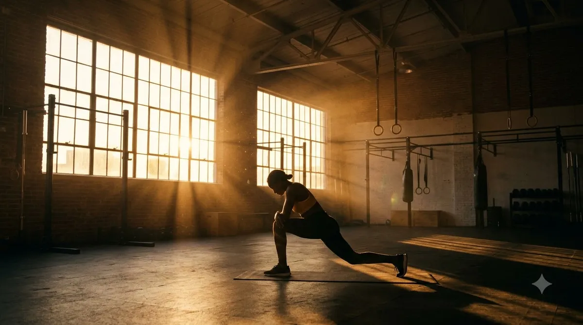 Athlete stretching at sunrise in an empty gym